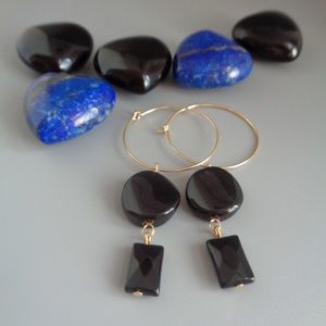 Dangling Onyx Hoop Earrings 14k Gold Plated NWOT